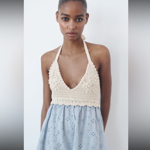 Zara Combination Embroidered Dress Cream & Blue NWT - Picture 6 of 7